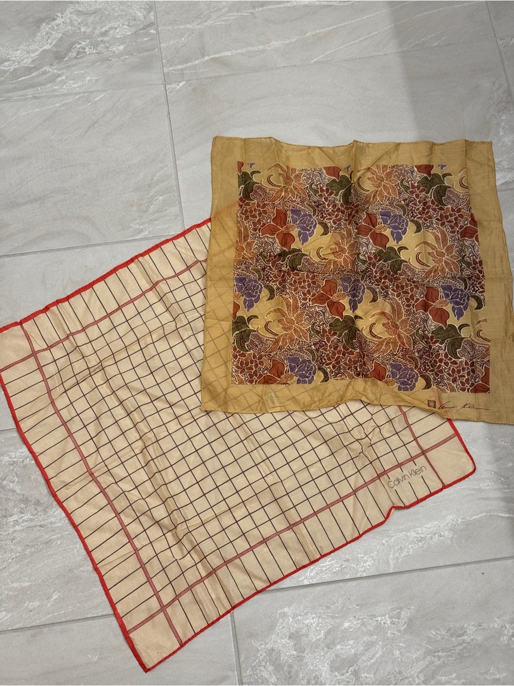 Calvin Klein Anne Klein Cream Plaid and Mustard Floral Cotton Scarves Hair Wrap